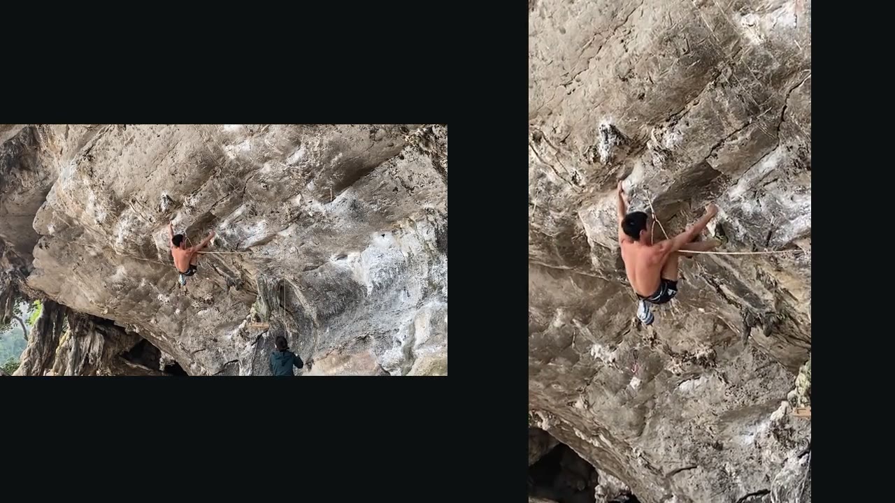 A climber appearing small in a static wide shot